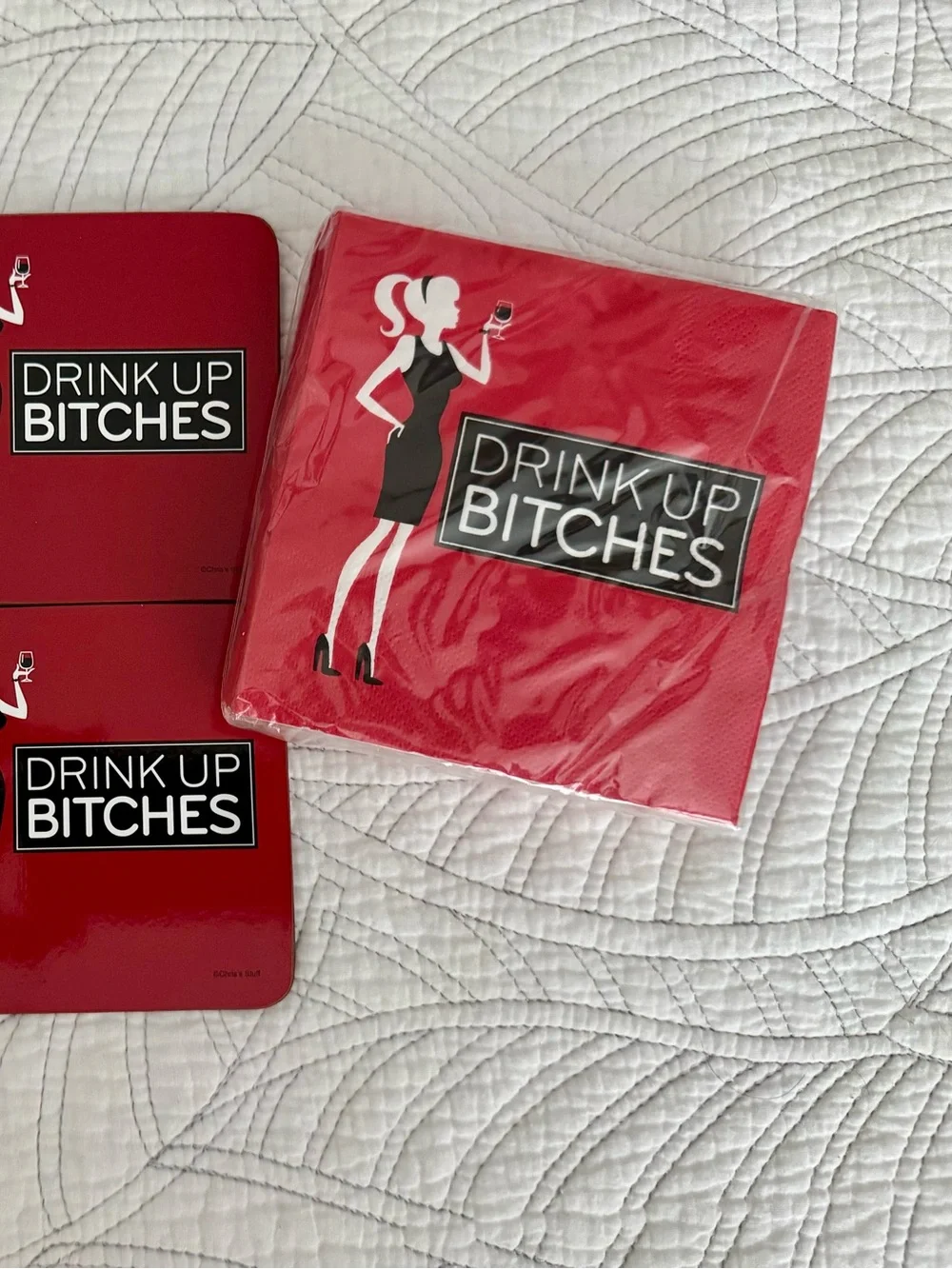 Red 'Drink Up Bitches' Party Coaster & Napkin Set